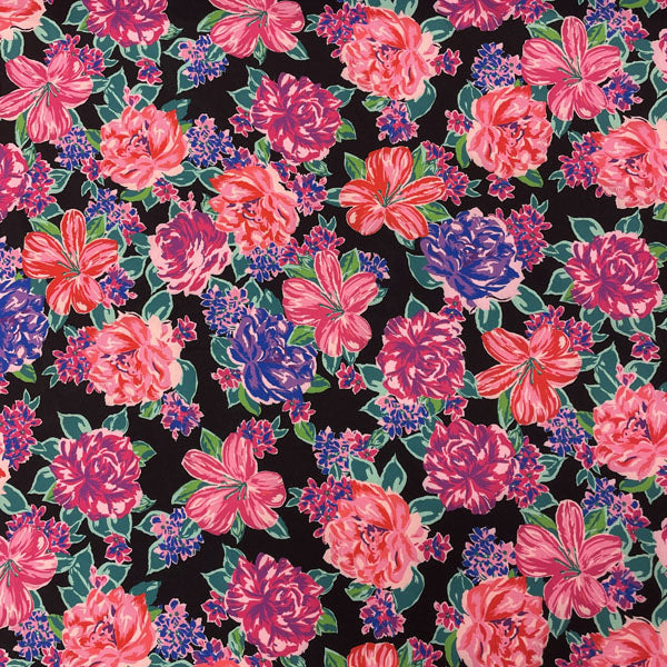 Deadstock Large Floral Black Polyester Stretch Fabric