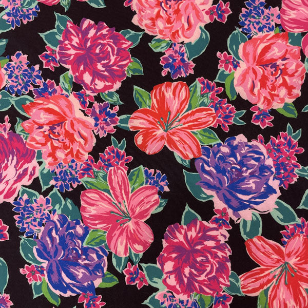Deadstock Large Floral Black Polyester Stretch Fabric