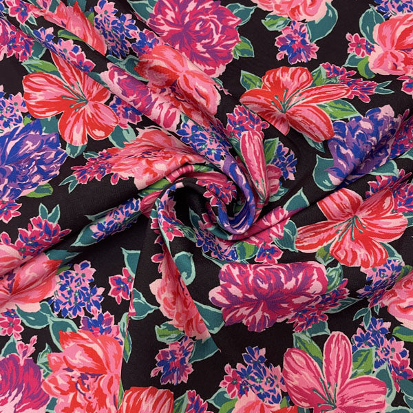 Deadstock Large Floral Black Polyester Stretch Fabric