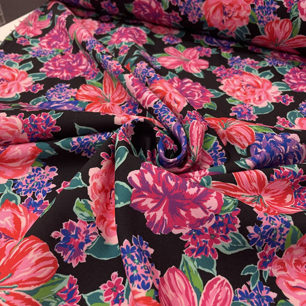 Deadstock Large Floral Black Polyester Stretch Fabric