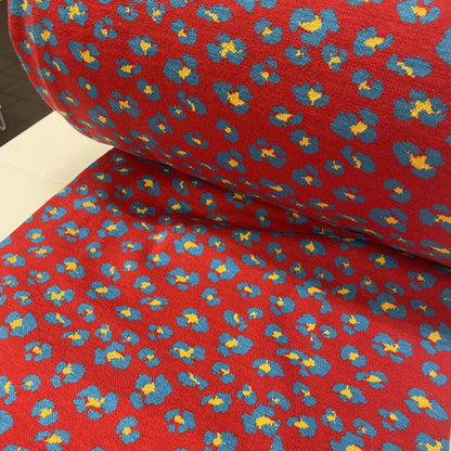 Deadstock Tubular Red Leopard Print Cotton Jersey Knit Fabric