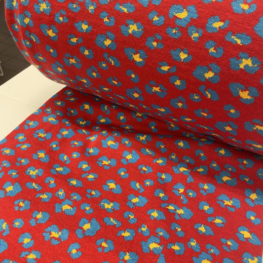 Deadstock Tubular Red Leopard Print Cotton Jersey Knit Fabric