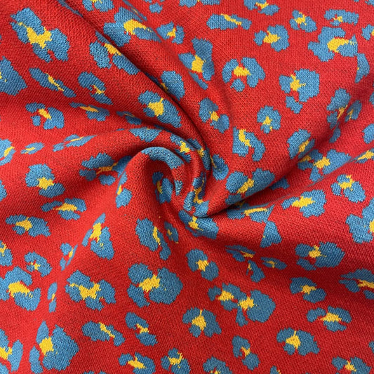 Deadstock Tubular Red Leopard Print Cotton Jersey Knit Fabric