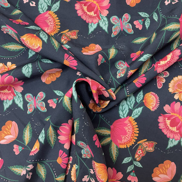 Deadstock Jacobean Floral Viscose Crepe Fabric