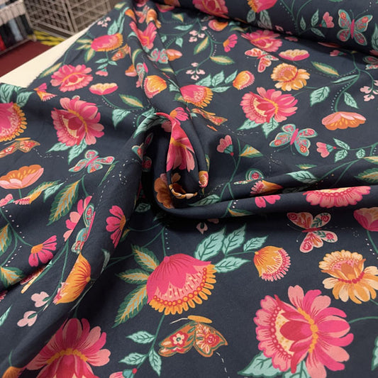 Deadstock Jacobean Floral Viscose Crepe Fabric