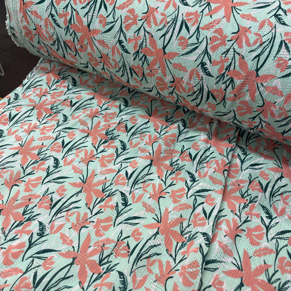 Deadstock Coral & Mint Floral Crinkle Viscose Fabric
