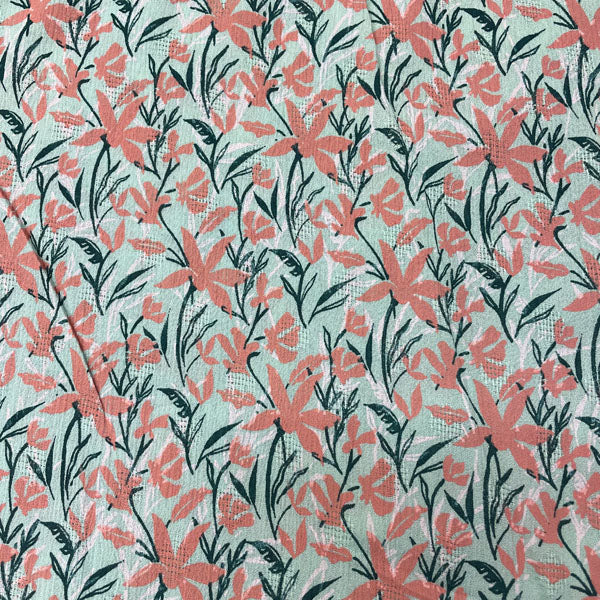 Deadstock Coral & Mint Floral Crinkle Viscose Fabric