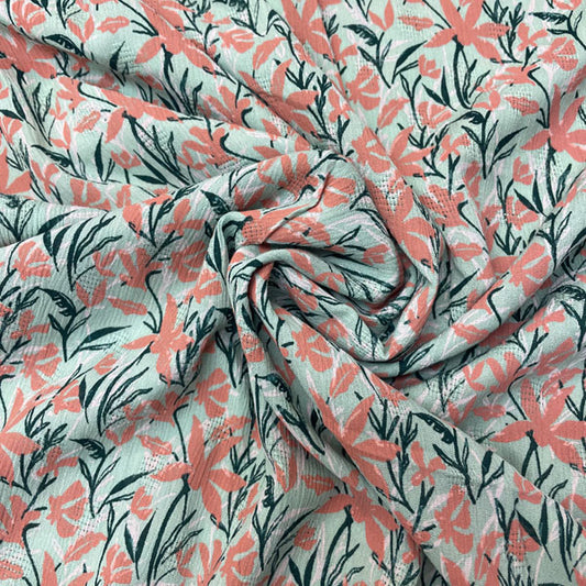 Deadstock Coral & Mint Floral Crinkle Viscose Fabric
