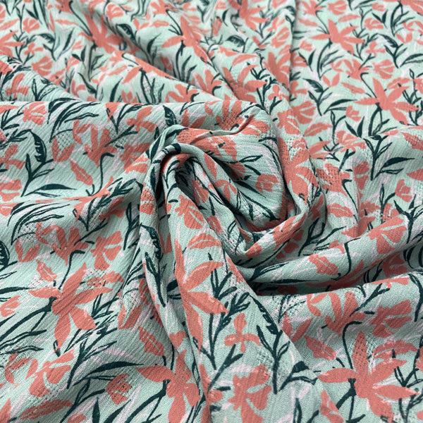 Deadstock Coral & Mint Floral Crinkle Viscose Fabric