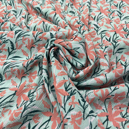 Deadstock Coral & Mint Floral Crinkle Viscose Fabric