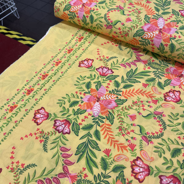 Deadstock Yellow Floral Printed Cotton Fabric