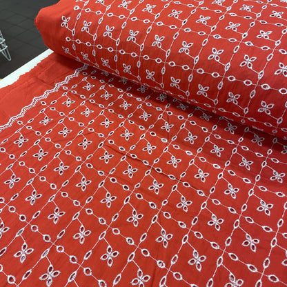 Deadstock Red & White Broderie Anglaise Cotton Fabric