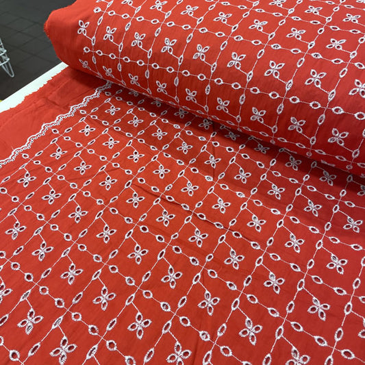 Deadstock Red & White Broderie Anglaise Cotton Fabric