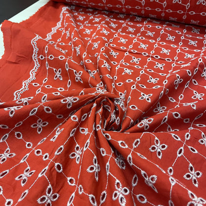 Deadstock Red & White Broderie Anglaise Cotton Fabric