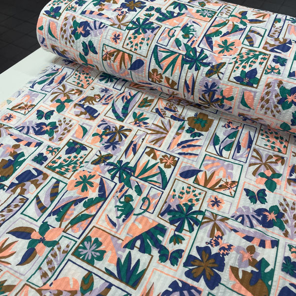 Deadstock Neon Tropical Forest Seersucker Cotton Fabric
