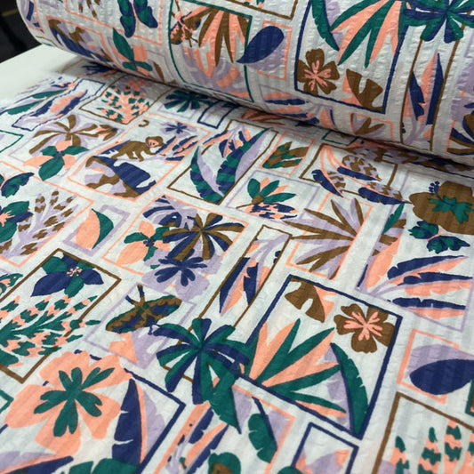 Deadstock Neon Tropical Forest Seersucker Cotton Fabric