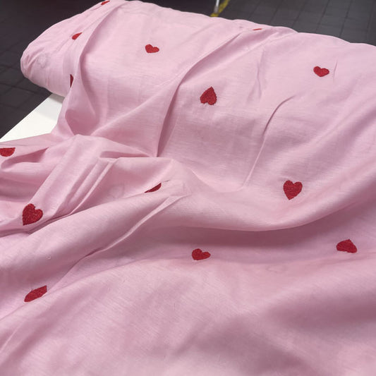 Deadstock Heart Embroidered Pink Lightweight Cotton Muslin Fabric