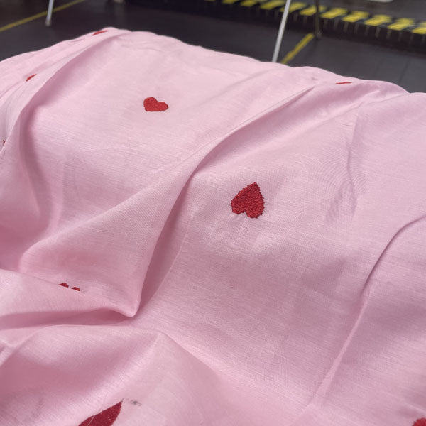 Deadstock Heart Embroidered Pink Lightweight Cotton Muslin Fabric
