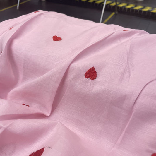 Deadstock Heart Embroidered Pink Lightweight Cotton Muslin Fabric