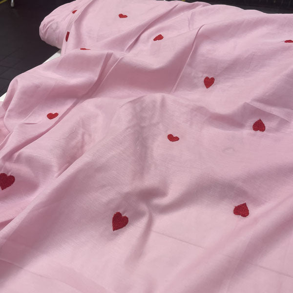 Deadstock Heart Embroidered Pink Lightweight Cotton Muslin Fabric