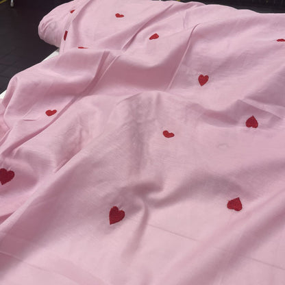 Deadstock Heart Embroidered Pink Lightweight Cotton Muslin Fabric