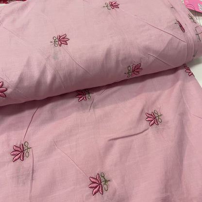 Deadstock Lotus Flower Embroidered Pink Lightweight Cotton Muslin Fabric