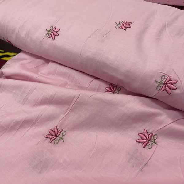 Deadstock Lotus Flower Embroidered Pink Lightweight Cotton Muslin Fabric