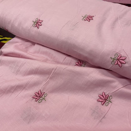 Deadstock Lotus Flower Embroidered Pink Lightweight Cotton Muslin Fabric