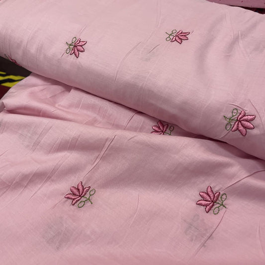 Deadstock Lotus Flower Embroidered Pink Lightweight Cotton Muslin Fabric