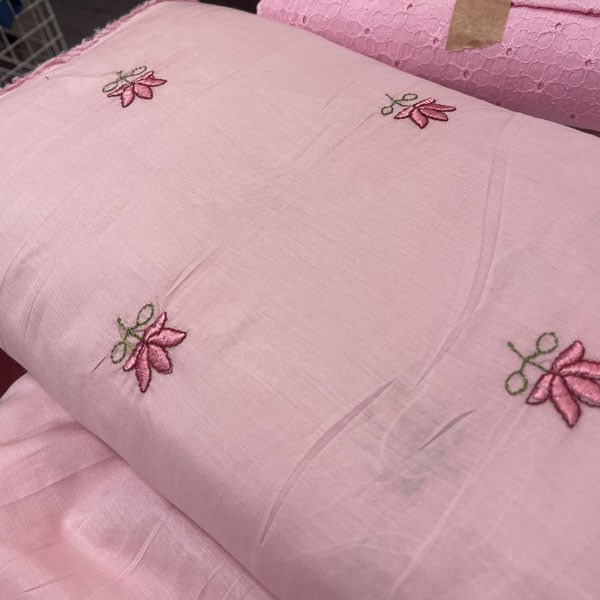 Deadstock Lotus Flower Embroidered Pink Lightweight Cotton Muslin Fabric