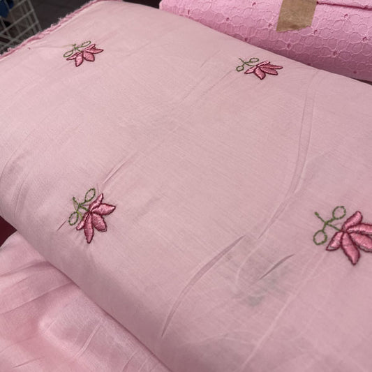 Deadstock Lotus Flower Embroidered Pink Lightweight Cotton Muslin Fabric