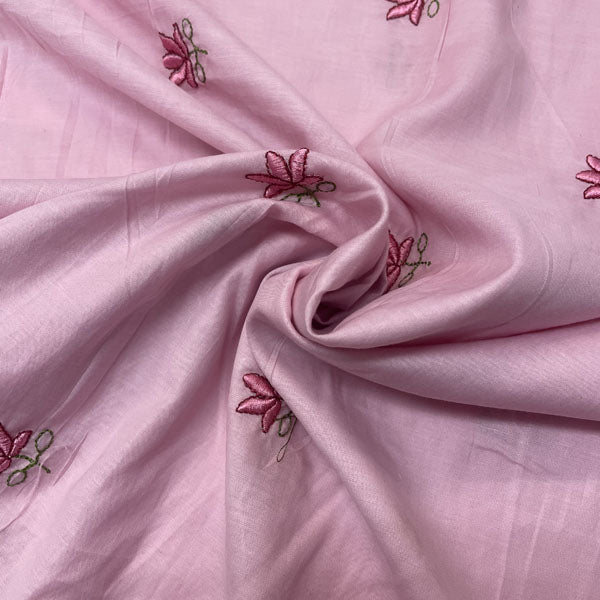 Deadstock Lotus Flower Embroidered Pink Lightweight Cotton Muslin Fabric