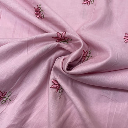 Deadstock Lotus Flower Embroidered Pink Lightweight Cotton Muslin Fabric