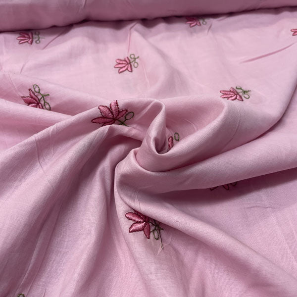 Deadstock Lotus Flower Embroidered Pink Lightweight Cotton Muslin Fabric