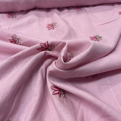 Deadstock Lotus Flower Embroidered Pink Lightweight Cotton Muslin Fabric