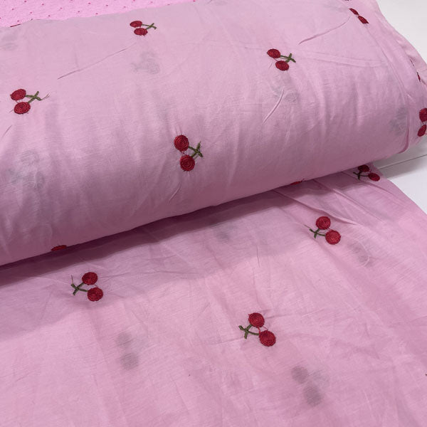Deadstock Cherry Embroidered Pink Lightweight Cotton Muslin Fabric