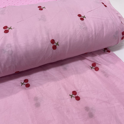 Deadstock Cherry Embroidered Pink Lightweight Cotton Muslin Fabric