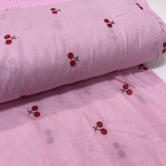 Deadstock Cherry Embroidered Pink Lightweight Cotton Muslin Fabric