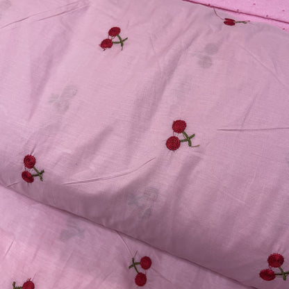 Deadstock Cherry Embroidered Pink Lightweight Cotton Muslin Fabric