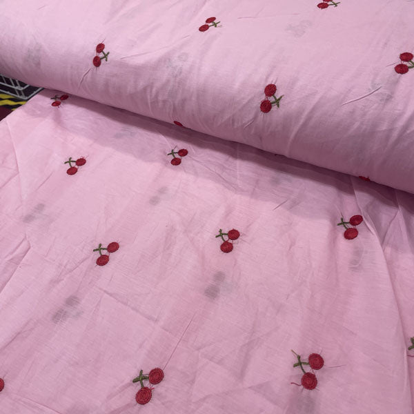 Deadstock Cherry Embroidered Pink Lightweight Cotton Muslin Fabric