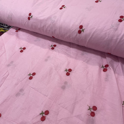 Deadstock Cherry Embroidered Pink Lightweight Cotton Muslin Fabric