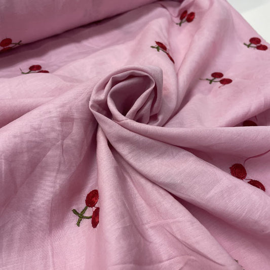 Deadstock Cherry Embroidered Pink Lightweight Cotton Muslin Fabric