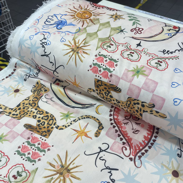 Deadstock Luxe Doodle Print Satin Style Dress Fabric