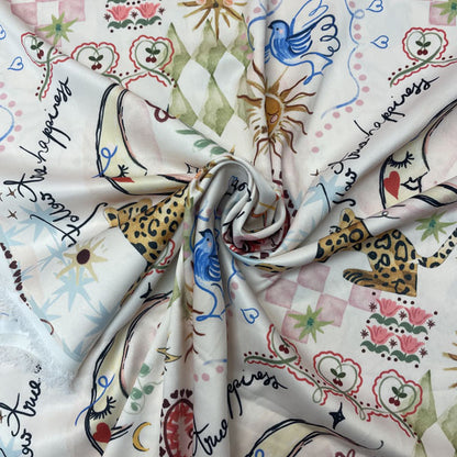 Deadstock Luxe Doodle Print Satin Style Dress Fabric