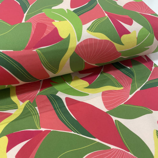 Deadstock Banana Leaf Print Cotton Satin Lycra Stretch Fabric