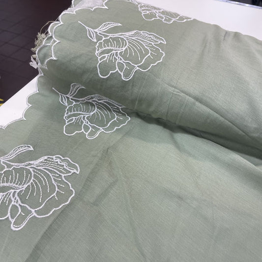 Deadstock Sage Green Floral Embroidered Border Cotton Muslin Fabric