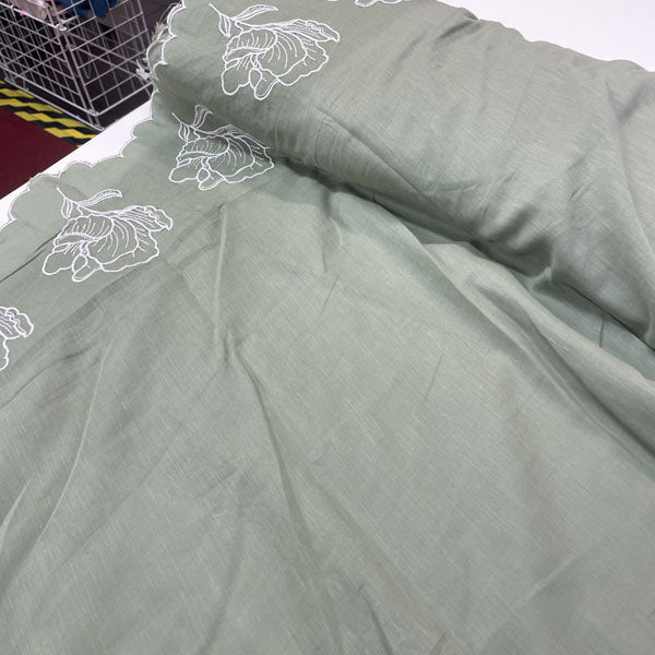 Deadstock Sage Green Floral Embroidered Border Cotton Muslin Fabric