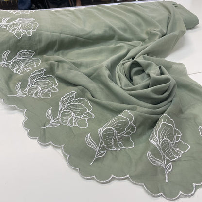 Deadstock Sage Green Floral Embroidered Border Cotton Muslin Fabric