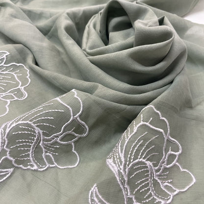 Deadstock Sage Green Floral Embroidered Border Cotton Muslin Fabric