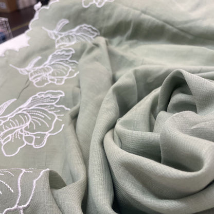 Deadstock Sage Green Floral Embroidered Border Cotton Muslin Fabric